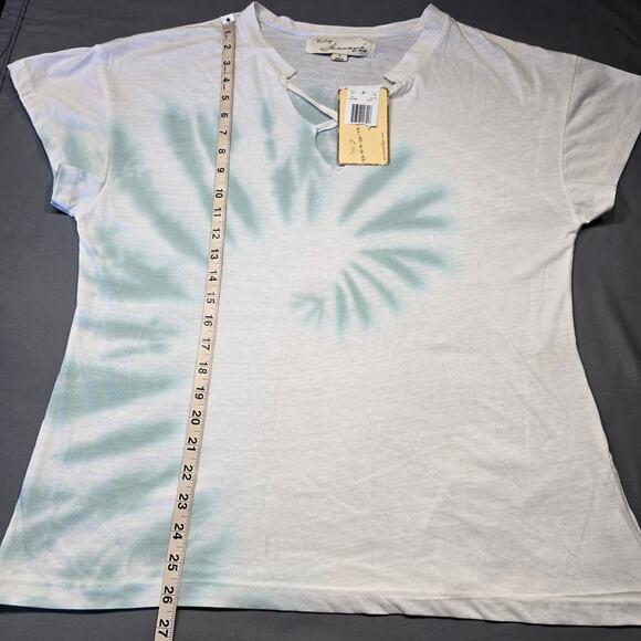 Vintage Havana White Blue Tie Dye Shirt NEW Classic Short Sleeves V-Neck Women S - Picture 11 of 13